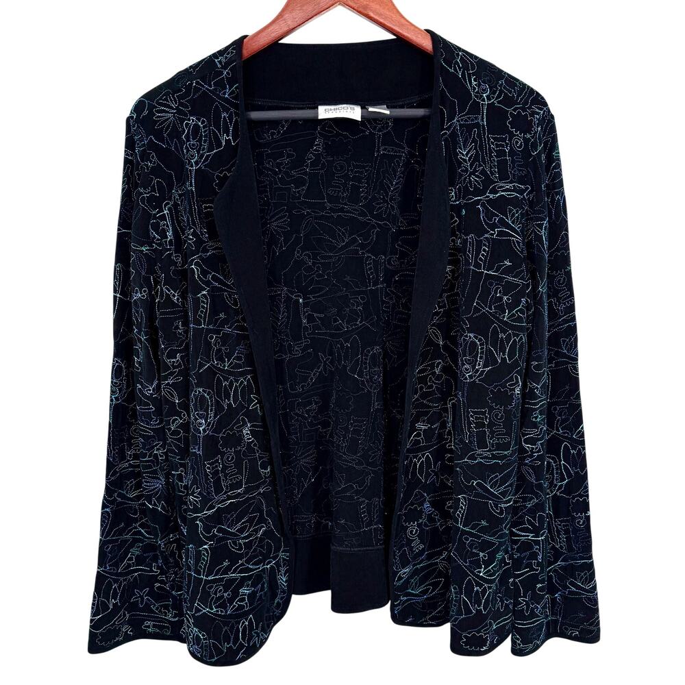 Chicos Travelers Medium 1 Slinky Fabric Black Wearable Art Embroidered Shirt Top